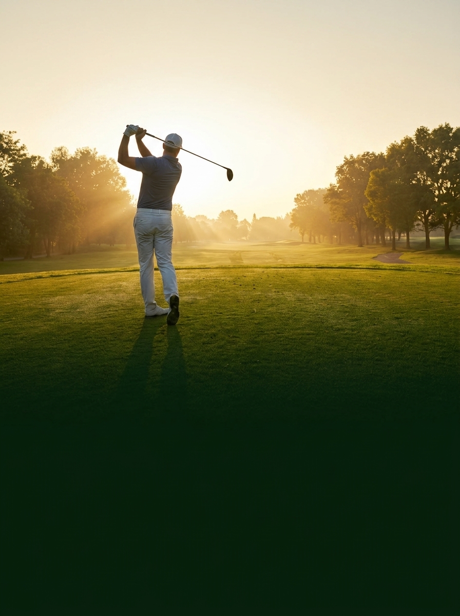 Golfer silhouetted against golden hour on a misty fairway